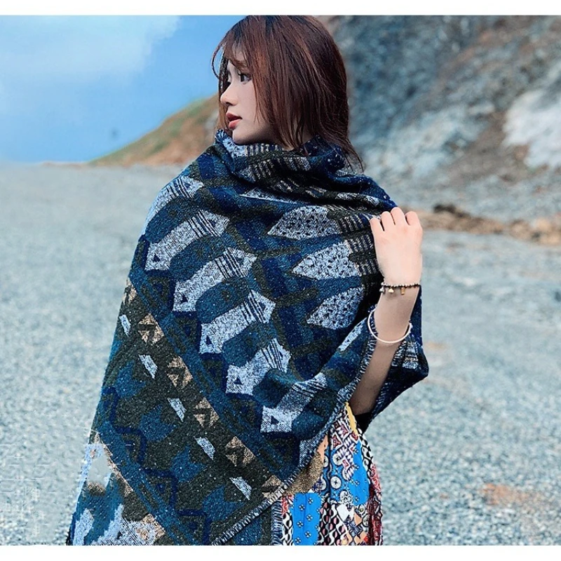 

Light Luxury Ethnic Style Shawl Women's Travel Clothing Wear Sichuan West Cape Dual-purpose Scarf Women's Winter Holiday Gift