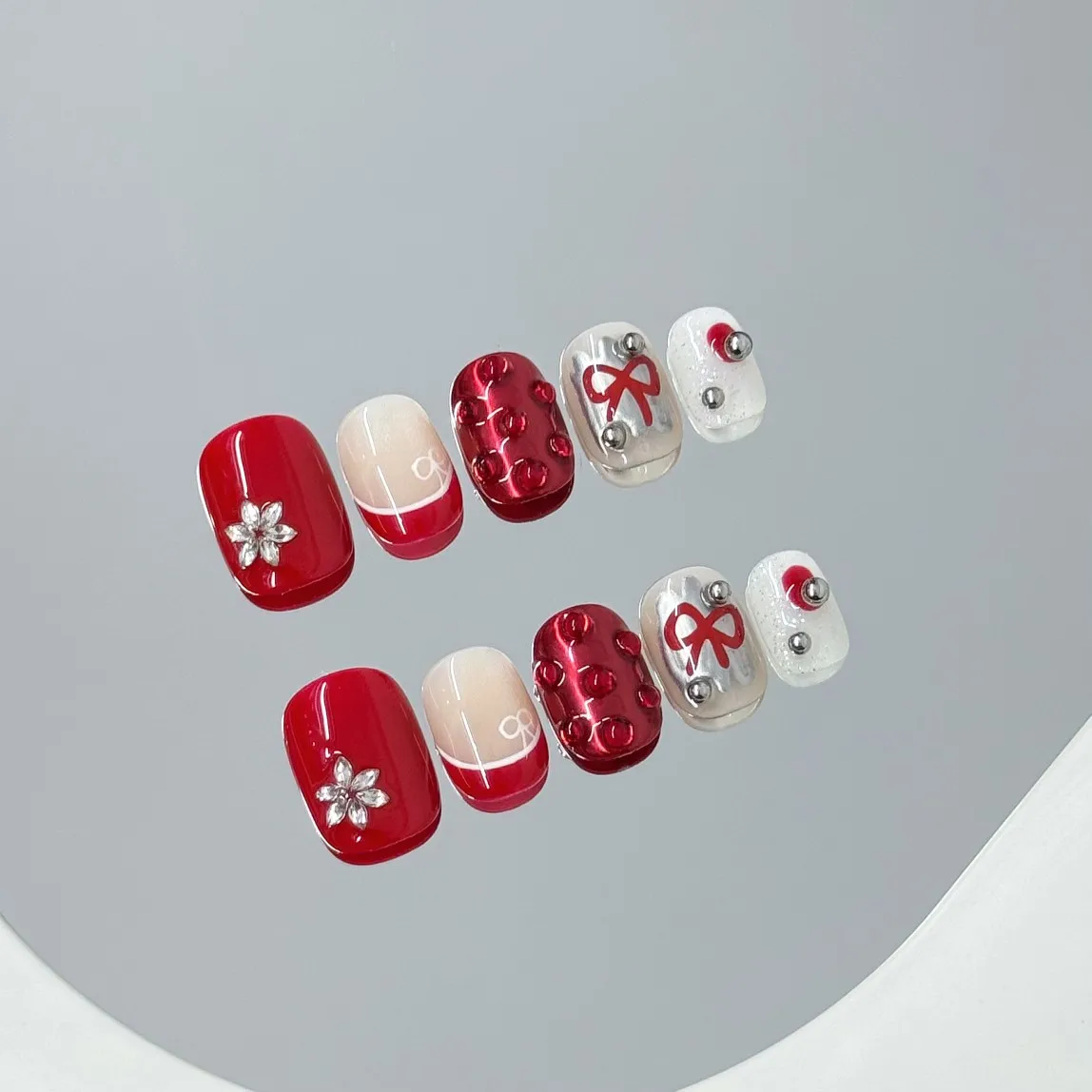 10 Stück handgemachte rote französische Nägel zum Aufdrücken, Weihnachten, Katzenauge, künstliche Nägel, tragbar, europäischer Winter, Glitzer, Diamant-Dekor, künstliche Nägel