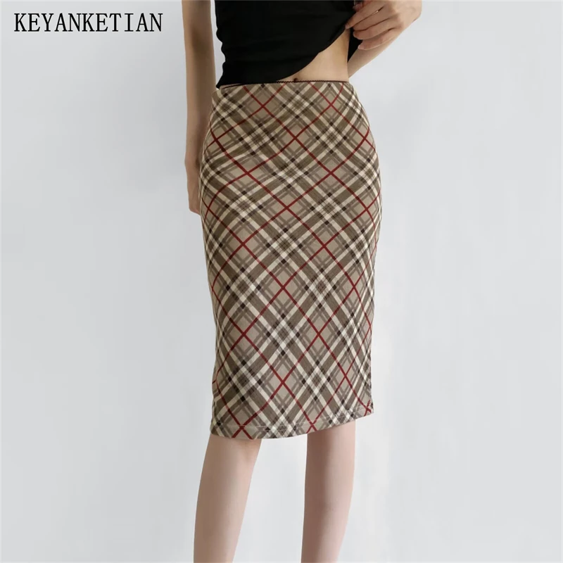 

KEYANKETIAN Summer New Women's Simple Style Diagonal Plaid Back Slit High Waisted Knee High Hip Hugging Skirt