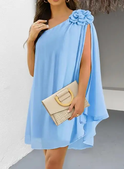 

Solid Color 3D Flower Decoration Slanted Neck Off Shoulder Dress for Women's Summer Elegant Casual Vacation Style Loose Dress