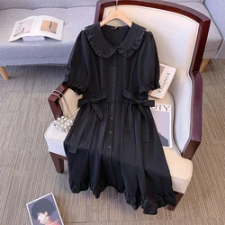 Summer new plus size women's casual retro wooden ear edge doll collar black dress simple tie loose short-sleeved long skirt