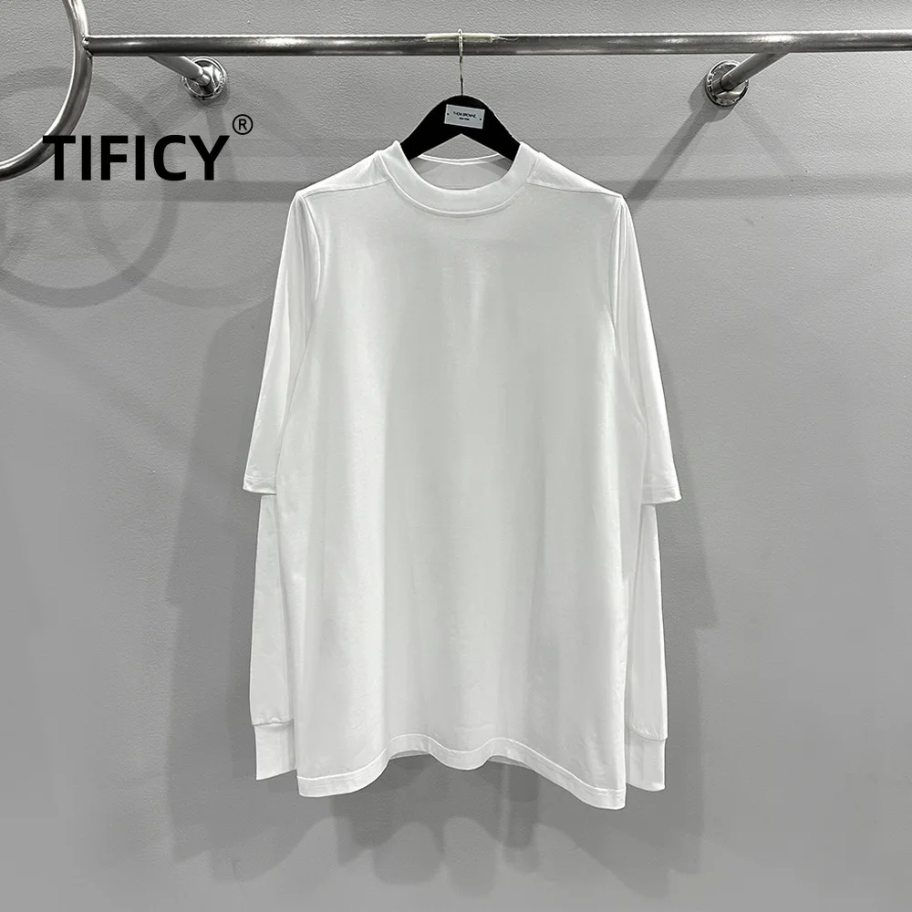 

TIFICY High Street Men's Spring Knitted Two-piece Design Double-layer Solid Color Splicing, Loose Long Sleeved T-shirt Tops