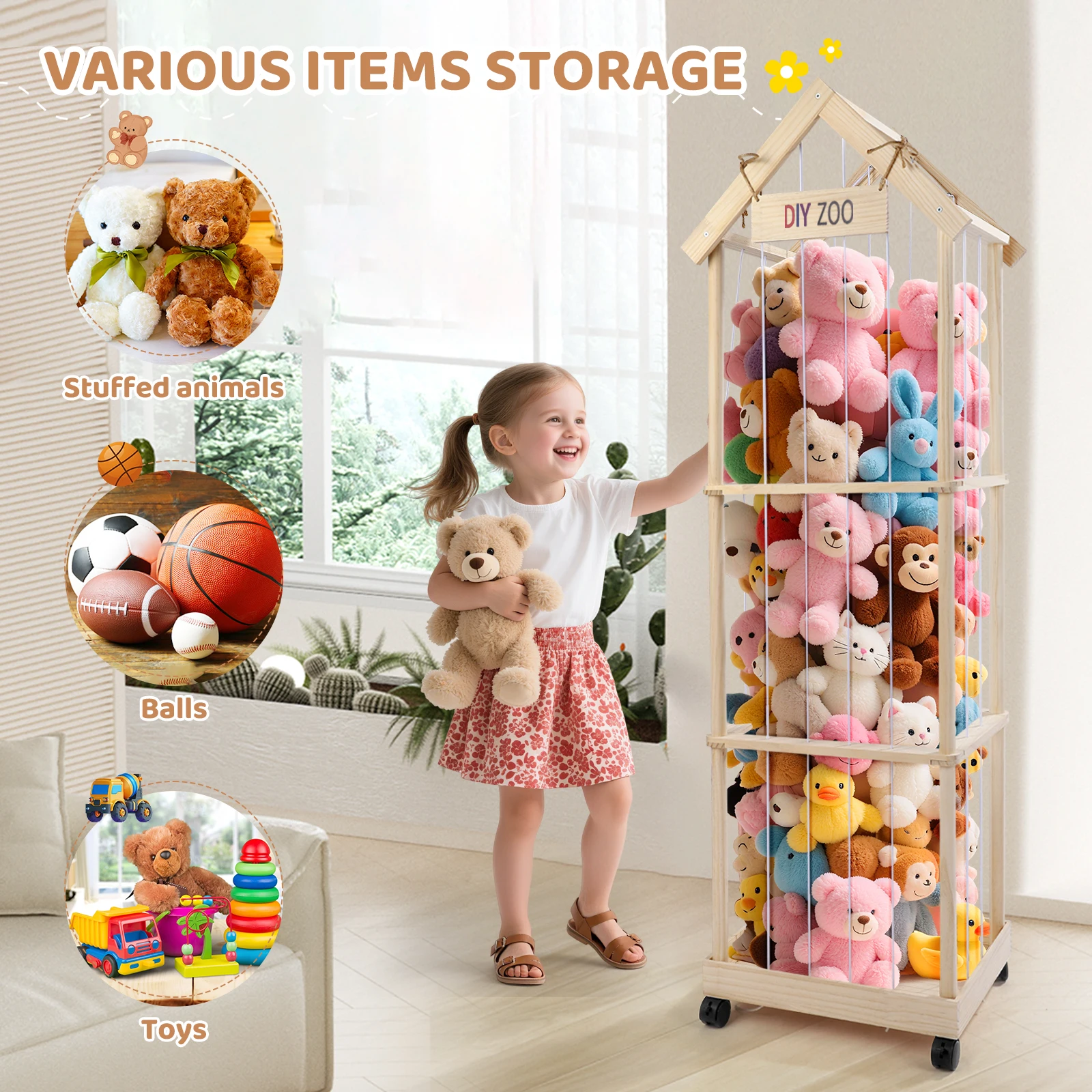 Image of 145x47x35cm Holz-Aufbewahrungsbox für Kuscheltiere, Plüschtier-Aufbewahrung mit 360°-Drehfunktion ° Bremsbare Räder, Plüschtier-Aufbewahrung für Spielzimmer