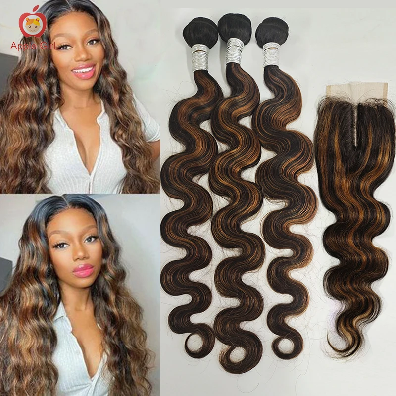 

Transparent Highlight Body Wave Lace Closure With Bundles Brazilian Human Hair Bundles With Closure 4x4 Size Applegirl RemyHair