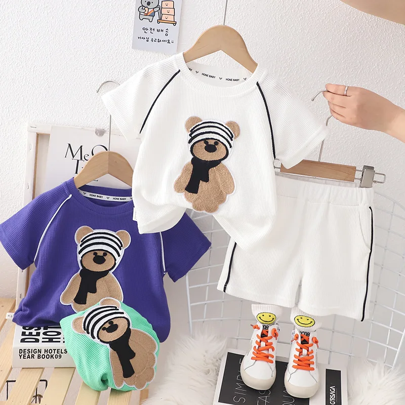 

Summer Baby Boy Clothes Set Children Sports Cartoon Bear Sweatshirt Top and Pants Buttom Two Piece Suit Cotton Tracksuit