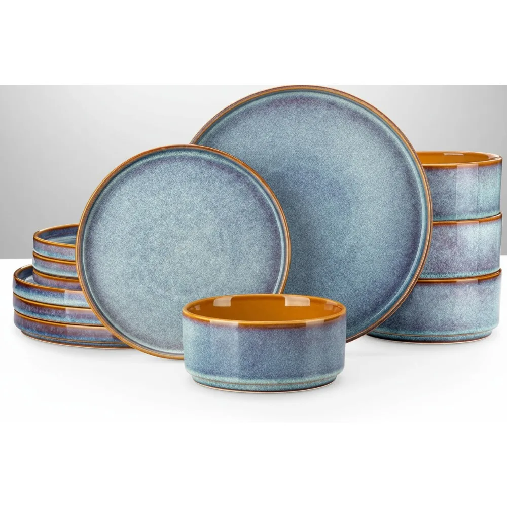

12-Piece Blue Ceramic Dinnerware Set, Reactive Glaze Plates & Bowls for 4, Microwave & Dishwasher Safe