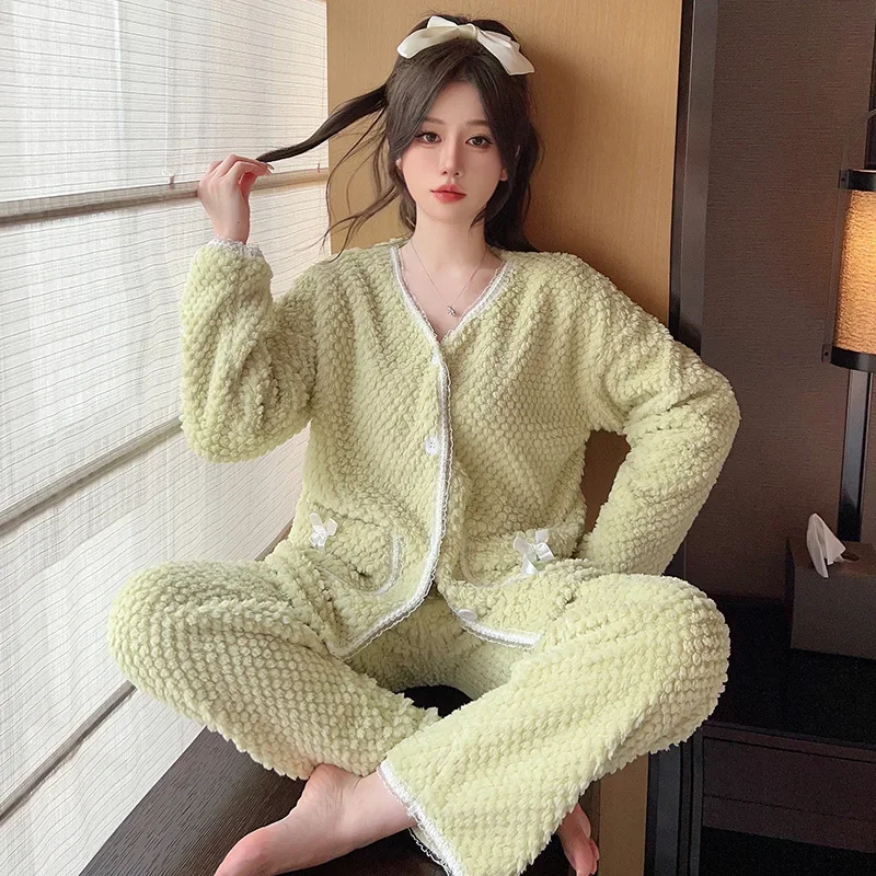 Plus Size Coral Velvet Pajama Set Women Winter Thickened Loose Flannel Home Clothes Korean Sweet Nightwear Can Be Worn Outside