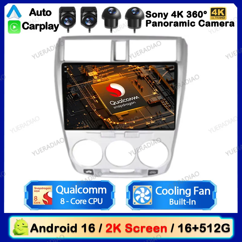 Radio para Auto Android 16 para Honda City 2008 - 2016, Reproductor Multimedia Estéreo, Reproductor de Video, Unidad Principal con GPS NAVI, Carplay, Auto 4G WIFI QLED 2DIN