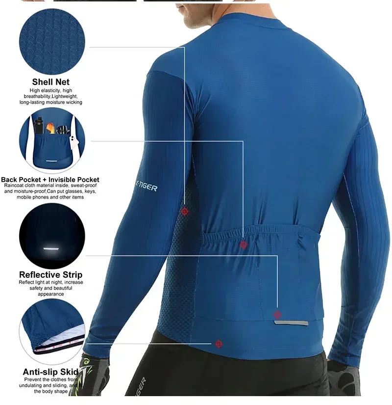 X-TIGER Herren-Radtrikot, langärmelig, durchgehender Reißverschluss, atmungsaktiv, schnelltrocknend, MTB-Rennrad-Oberteil mit Taschen, weich, leicht, elastisch – Detail 8