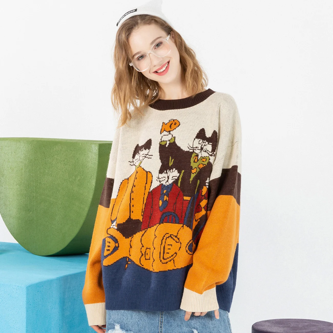 Oversized Harajuku Sweater Pullover Men's Graffiti Knitted Cartoon Hip Hop Streetwear Retro 2022 Fall Winter Male Clothes