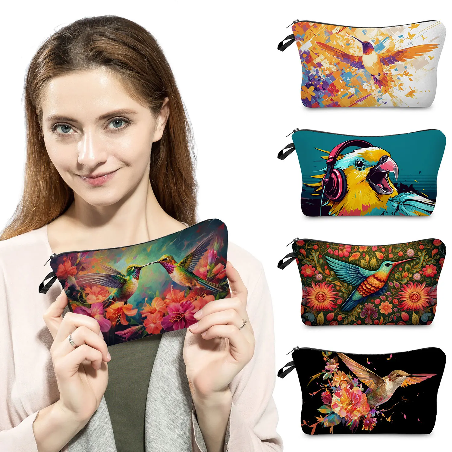 Hummingbird Parrot Print Makeup Bags Kawaii Bird Graphic Travel Toiletry Bags Portable Storage Bags Casual Zipper Cosmetic Bags