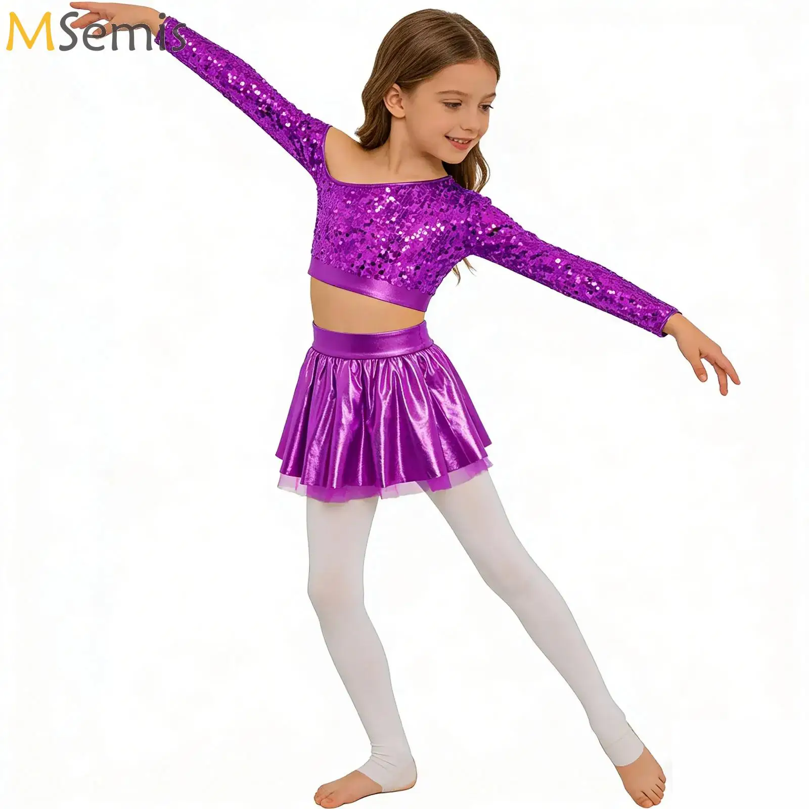 

Girls Shiny Sequin Hip Hop Jazz Dance Outfit Long Sleeve Sequins Crop Top with Metallic Ruffled Skirt Cheerleading Performance