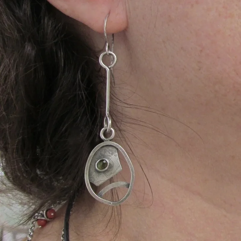 Bohemian Round Blue Stone Earrings Handmade Jewelry Metal Silver Color Hand Engraved Round Dangle Earrings