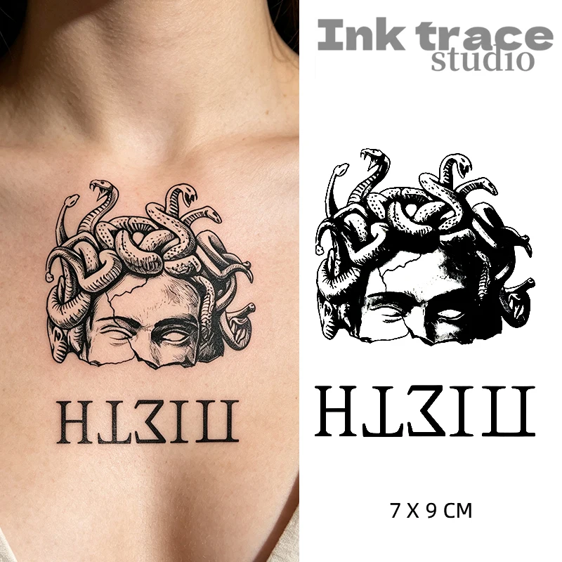 Medusa Snake Head Temporary Tattoo Vintage Broken Sculpture Black Ink Waterproof Realistic Fake Body Art Sticker for Men Hand