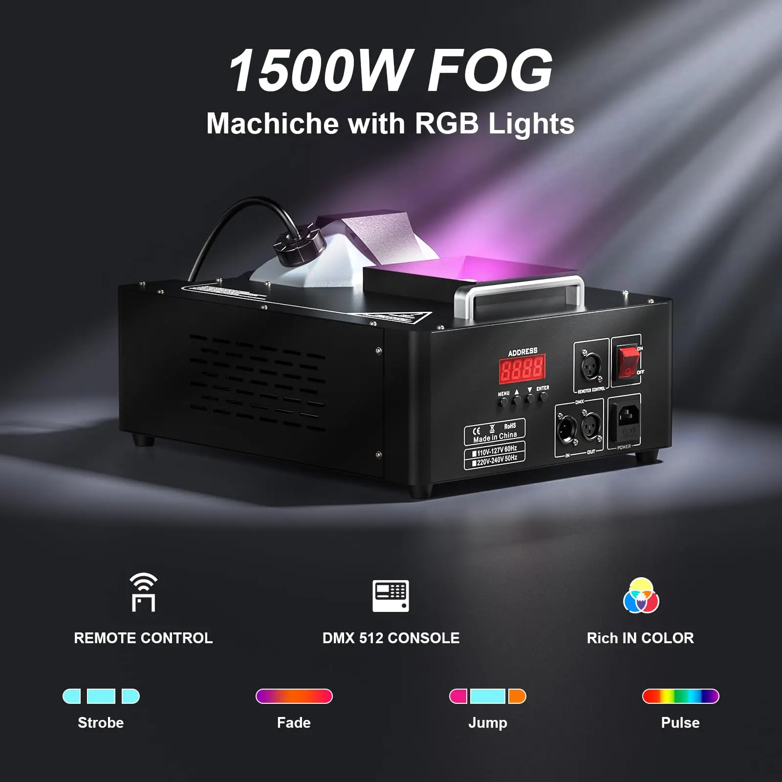 1500W LED Fog Machine Remote Control Vertical Smoke Machine with 24LED RGB Disco Dj Stage Light for Wedding Night Club Party