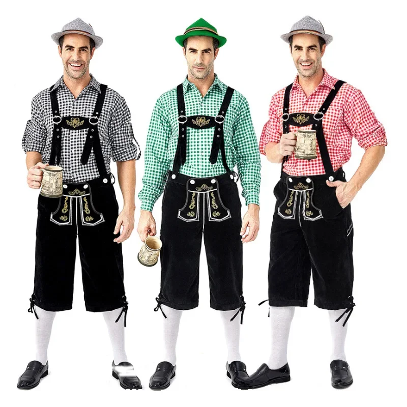 

Men Oktoberfest Costume Beer Festival Plaid Shirt Lederhosen Hat Bartender Cosplay Fancy Party Halloween Carnival Costumes