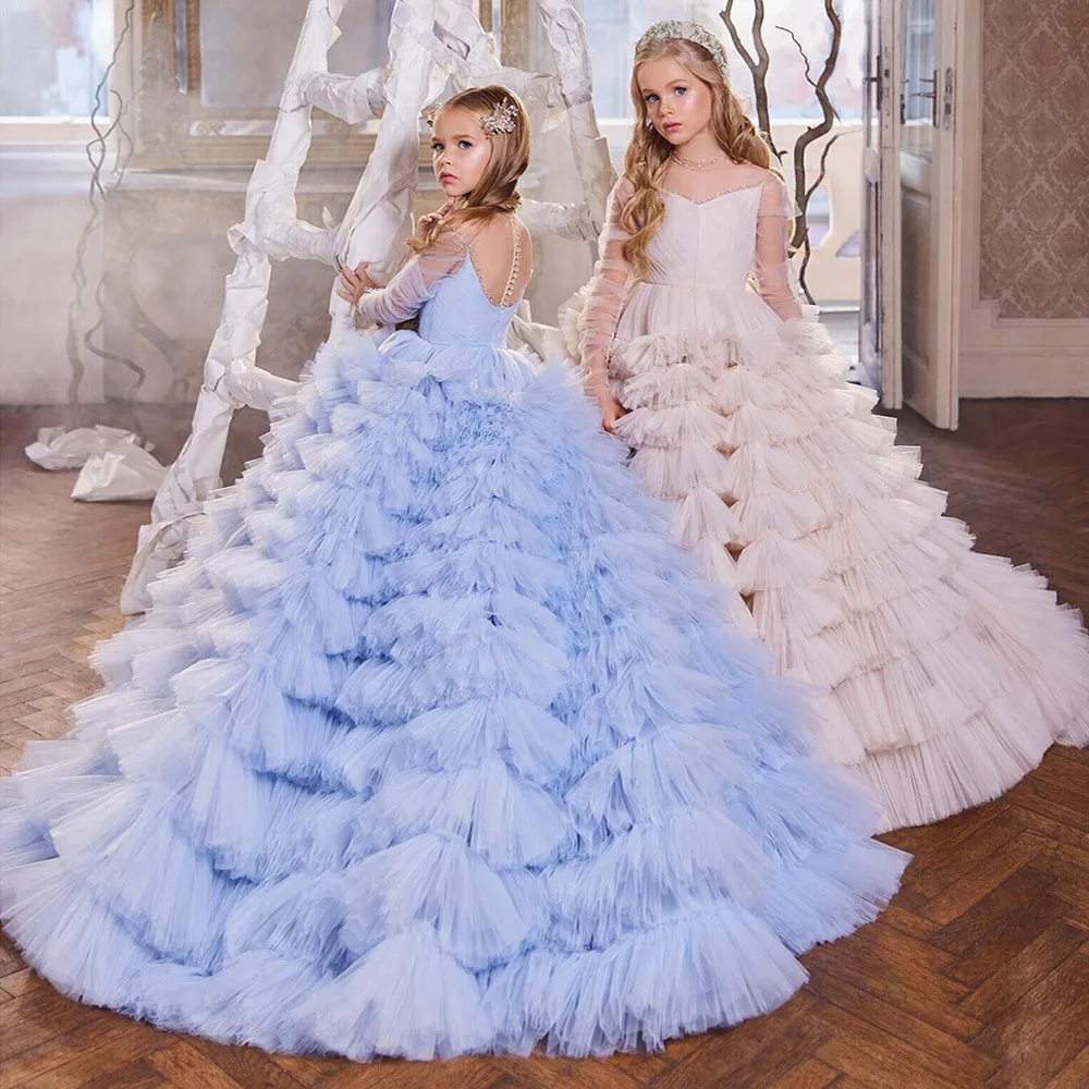 Luxury Flower Girl Dresses For Wedding Prom Party Christmas Long Sleeve Blue Girls Banquet Gowns Tiered Skirts Princess Dress