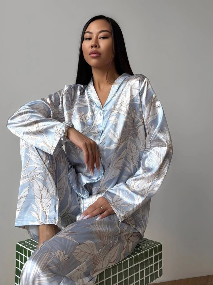 Marthaqiqi Printing Ladies Sleepwear Set Long Sleeve Nightgowns Sexy Turn-Down Collar Nightwear Pants Casual Pajama 2 Piece Suit