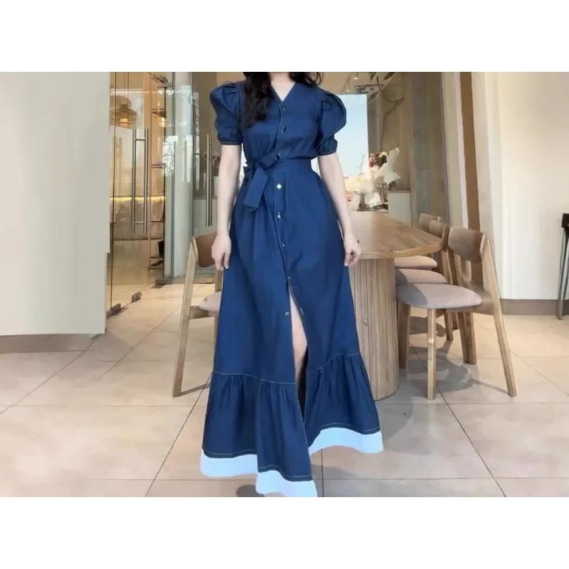 

2026 Spring and Summer Retro Single-breasted Loose Casual Ruffle Edge Short-sleeved Women's Dress