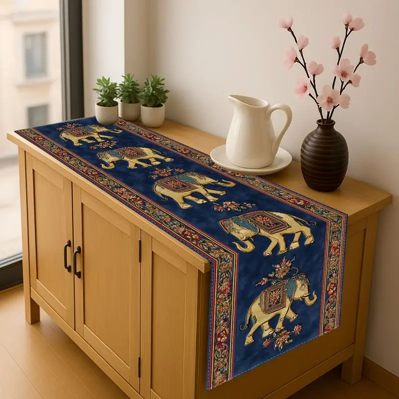 VIKAMA Happy Diwali Table Runner Golden Elephant Floral Pattern Indian Festival of Lights Dining Table Party Home Decor
