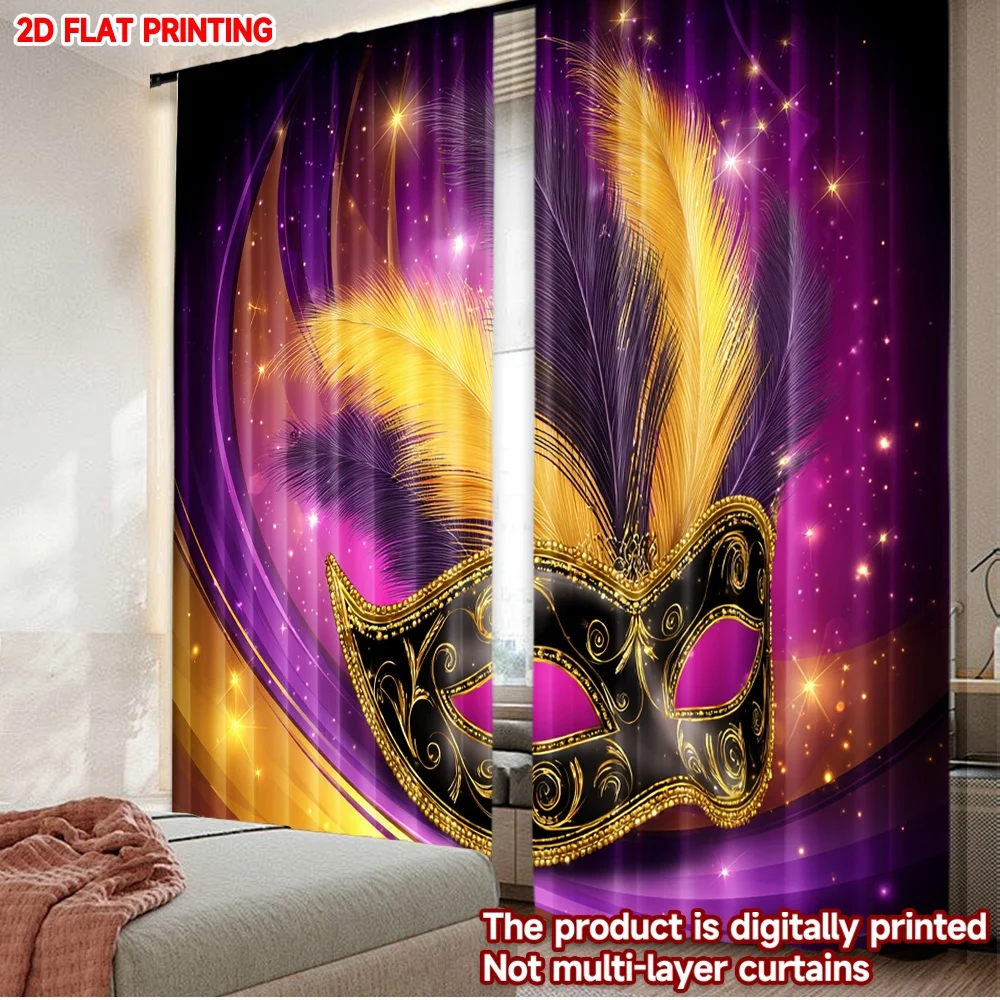 2D flat printing 2pcs Curtain Party Window Curtains Carnival Mask with Feathers(1) Digital Printed Polyester Drapes Birthday