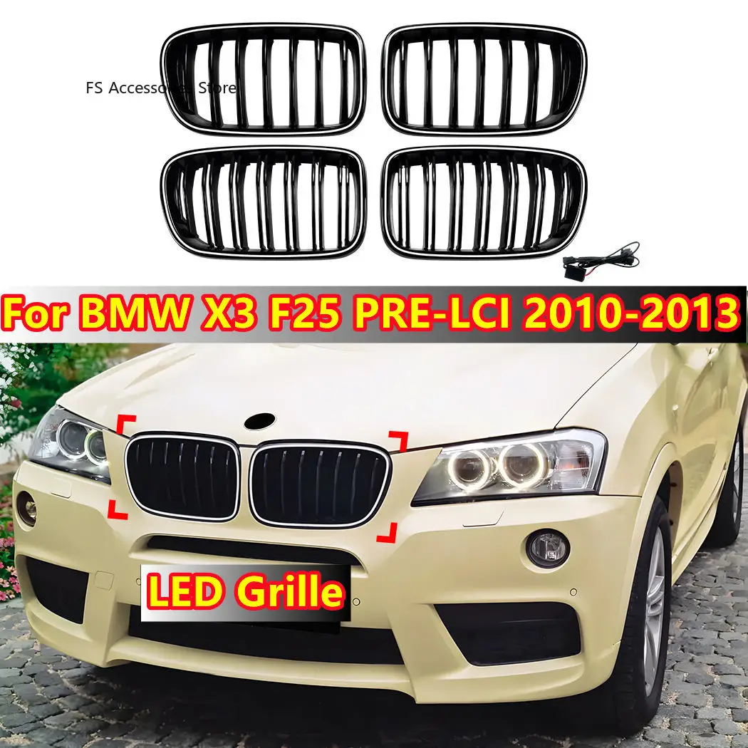 

For BMW X3 F25 PRE-LCI 2010 2011 2012 2013 Pair Front Bumper Kidney LED Grill Grille Racing Light Grill Gloss Black