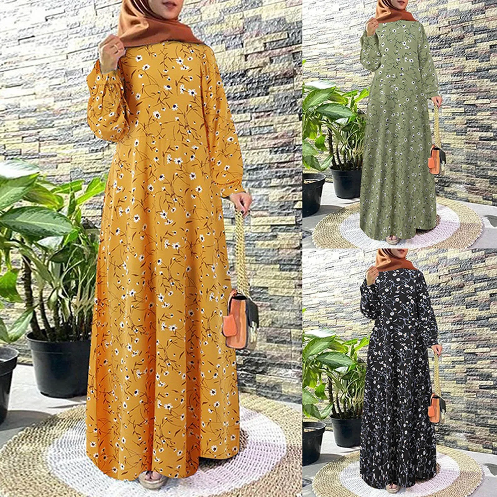 Women Floral Printed Maxi Dresses Spring Summer Casual O Neck Full Sleeve High Waist A Line Boho Beach Party Long Dress Vestidos