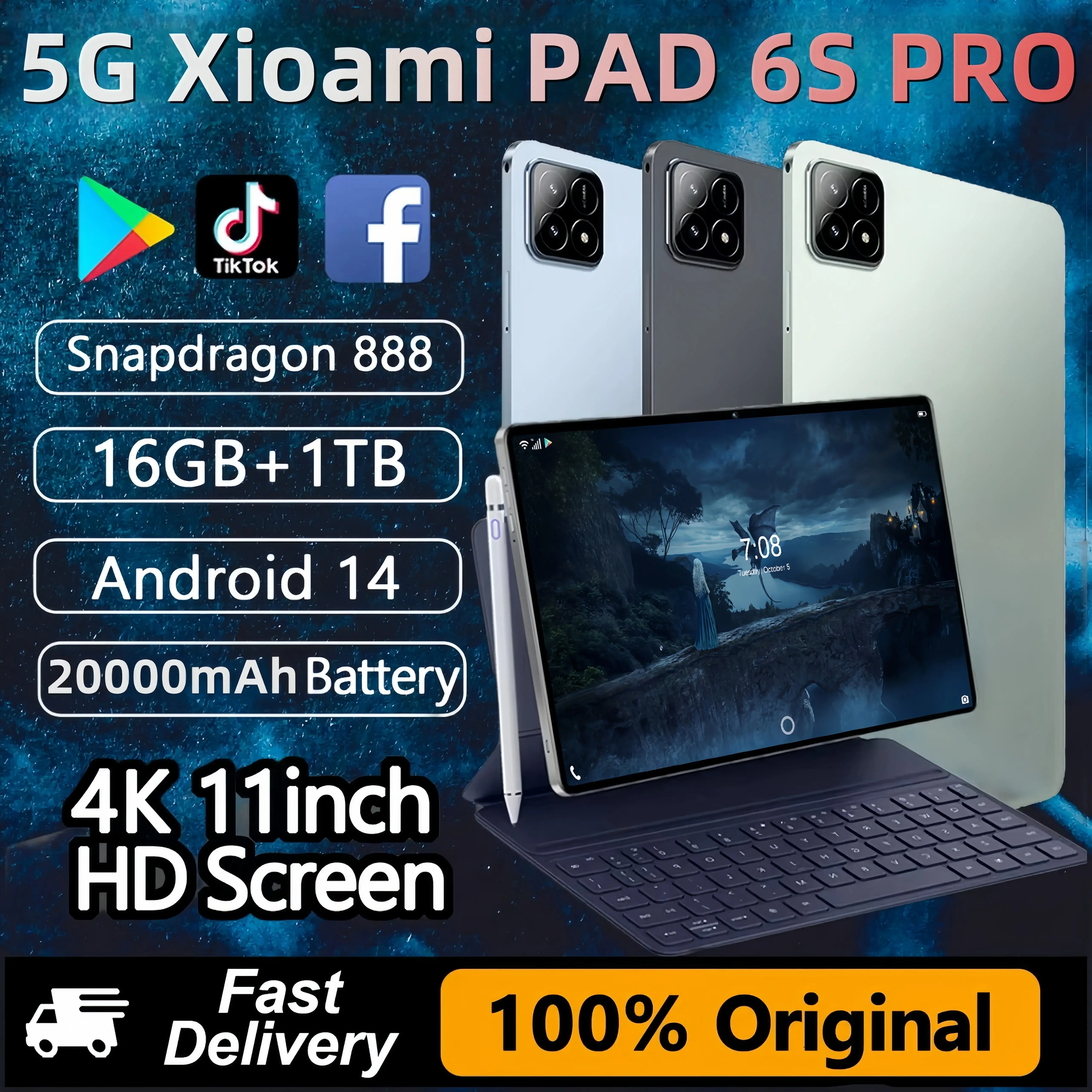 

Xioaml Pad 6S PRO 2024 Global Edition Планшет Android 14 16 ГБ + 1 Т 11 дюймов Snapdragon 888 20000 мАч 5G Dual SIM-вызов WiFi Mi Tab