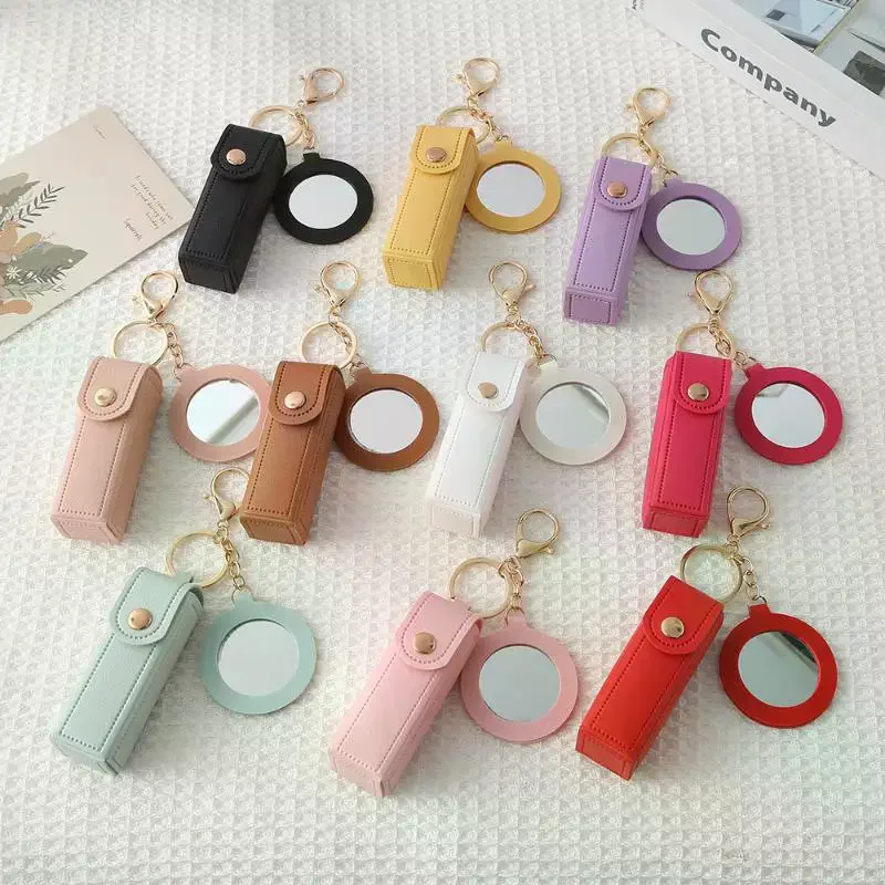 Portable Pu Leather Lipstick Holder Keychain With Flower-Shaped Mirror For Women Girls Handbag Charms Accessory Creative Gift