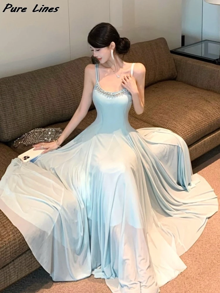 

Women's Summer Crystal Chain Slim Waist Spaghetti Strap Dresses Elegant Mesh A-Line Dress Holiday Party One Piece Vestidos Robe