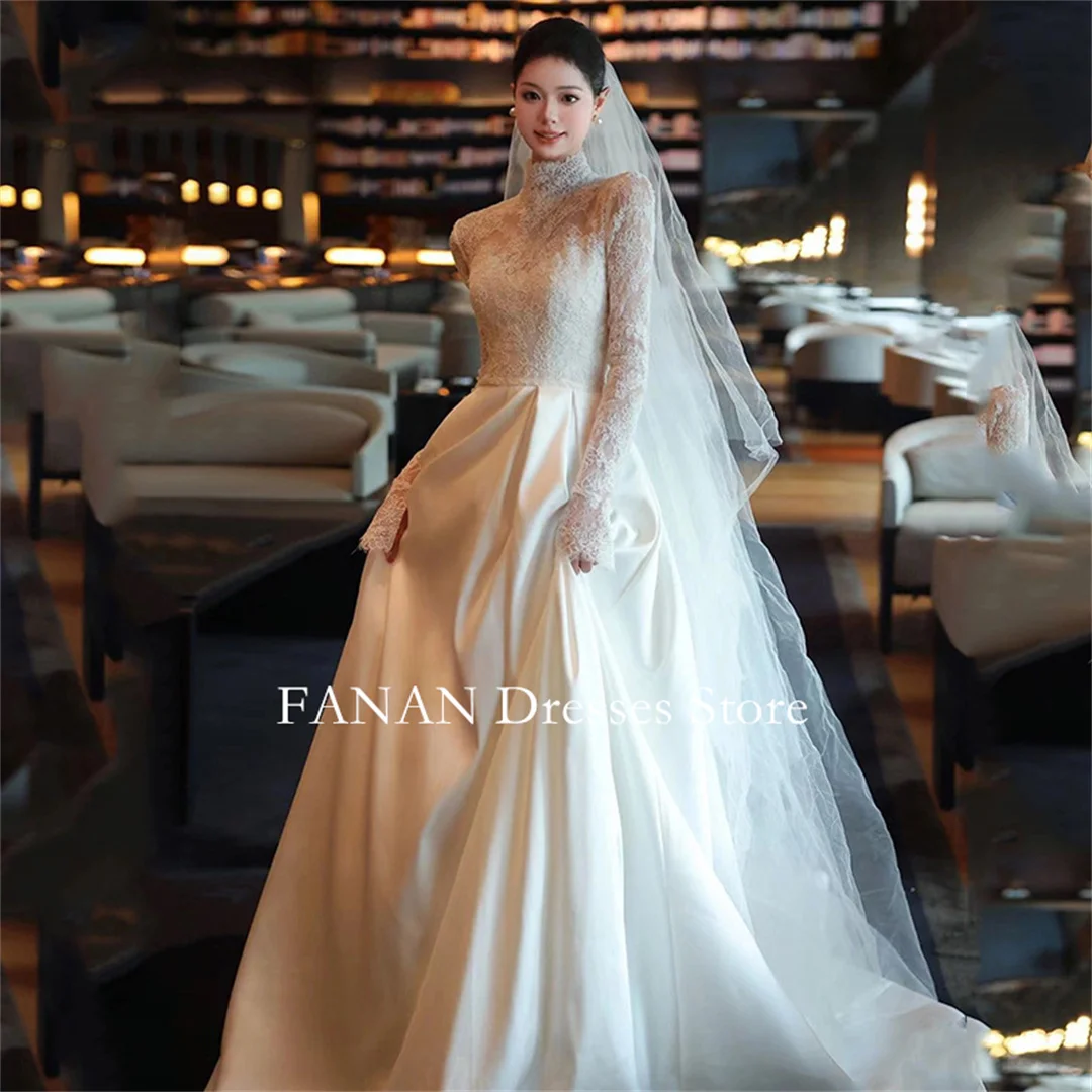 Fanan ชุดแต่งงานหรูหราแบบเกาหลีสำหรับเจ้าสาว, ชุดแต่งงานลูกไม้แขนยาวปักลายสำหรับเจ้าหญิงงาช้างวินเทจออกแบบได้ตามต้องการขนาดใหญ่พิเศษ