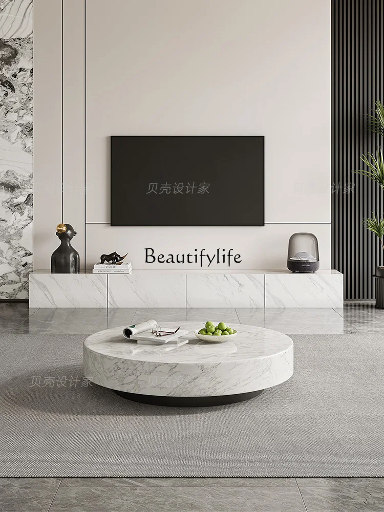 

Italian-Style Light Luxury Living Room Small Apartment round Suspension Marble Coffee Table Simple TV Cabinet Combination