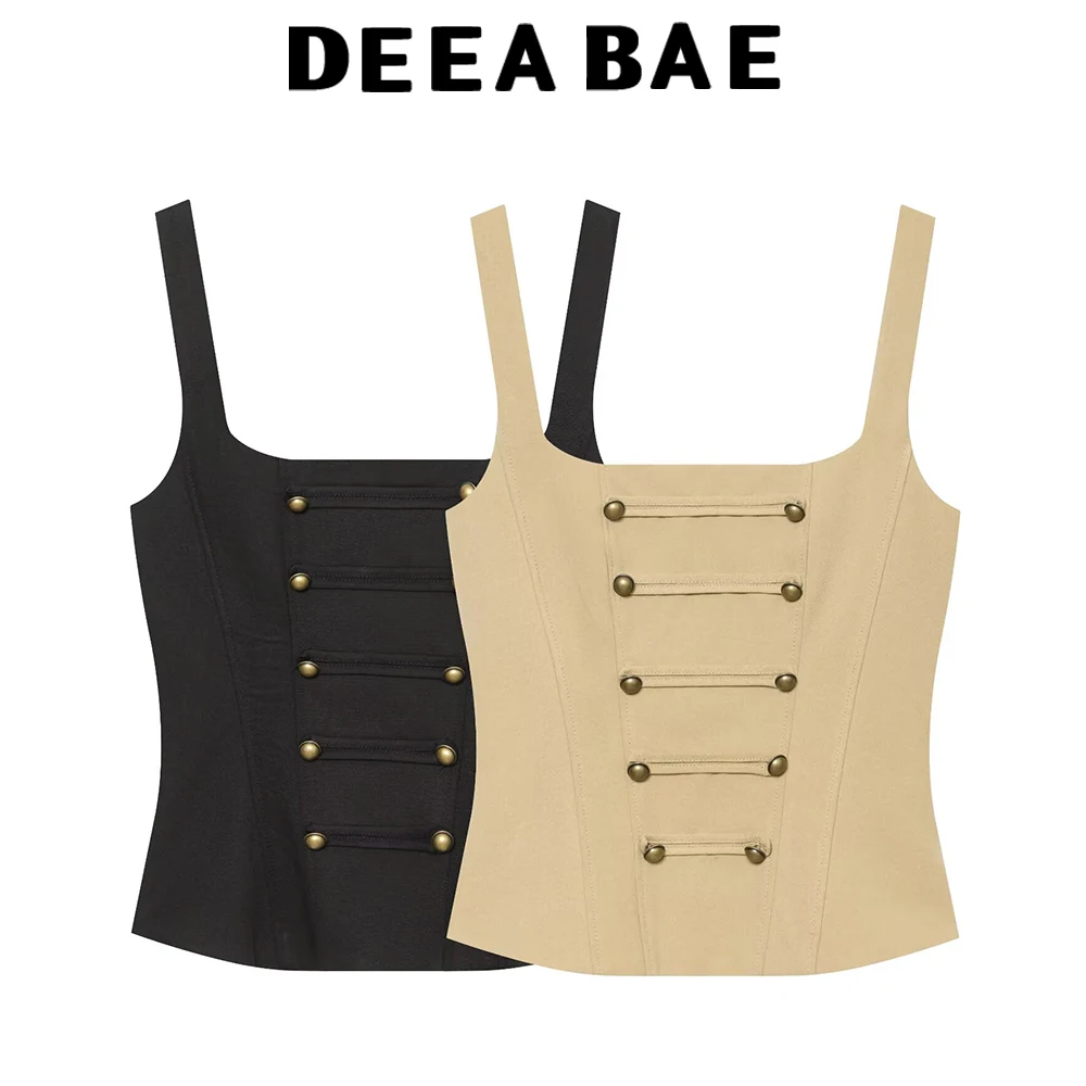 DEEABAE 2026 early autumn new women's square collar button decoration slim fit Napoleon suspender top