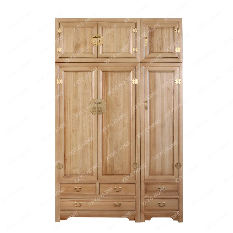 New Chinese-style camphor wood three-double door wardrobe full solid wood bedroom top box cabinet  FT