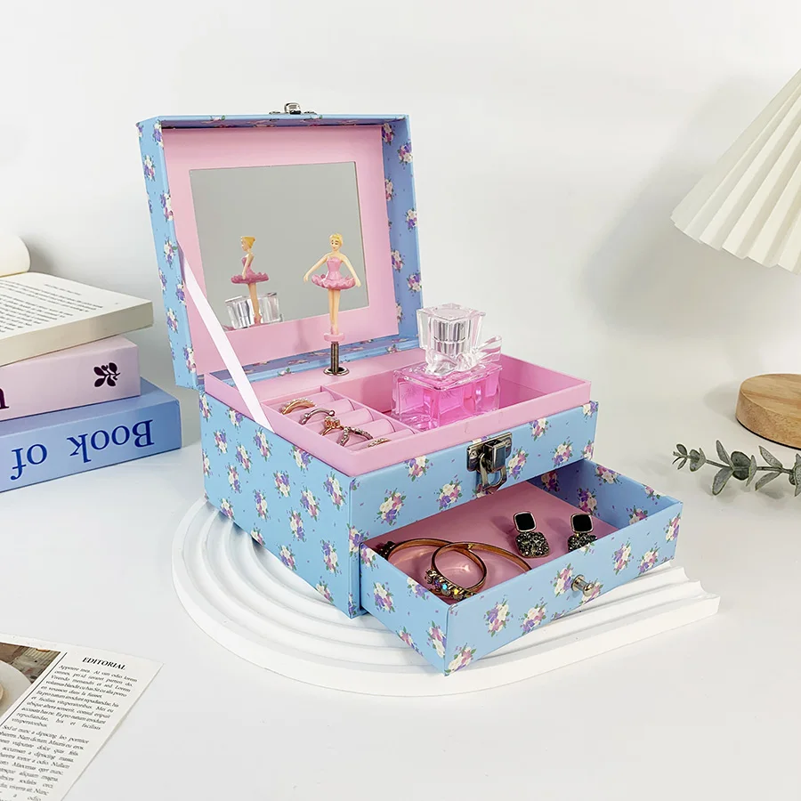 New Hot Item Light Blue Floral Musical Jewelry Box with Mirror & Lock, Perfect Gift for Girls Teens Women Any Holiday
