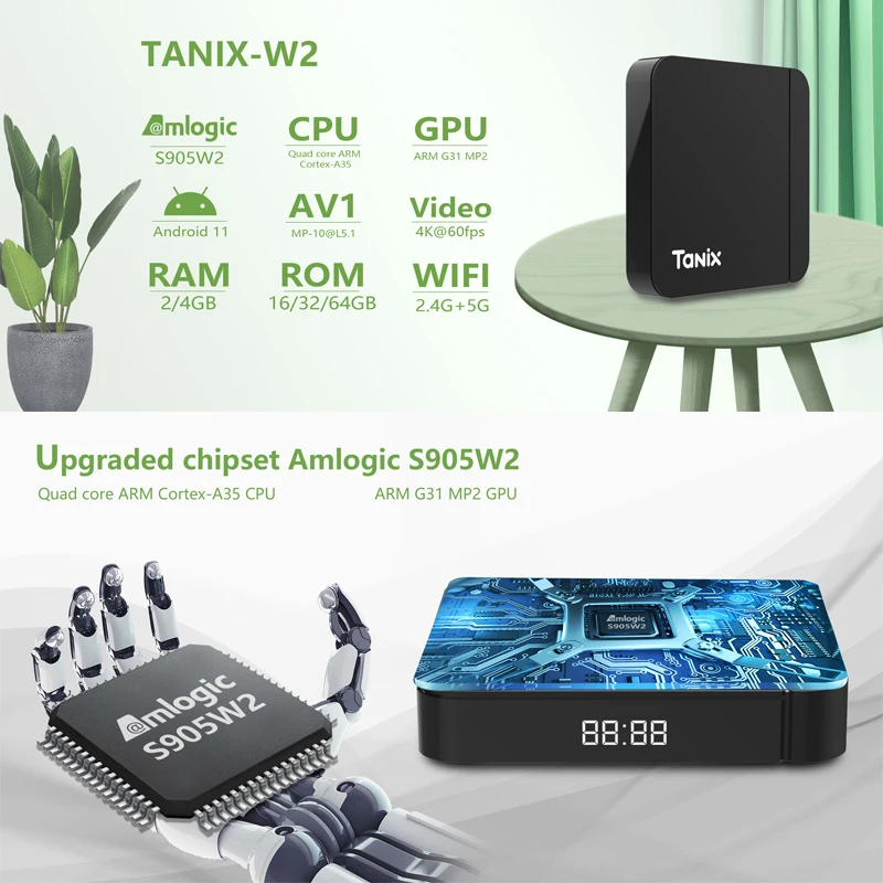 Smart TV Box Tanix W2 Android 11 Amlogic S905W2 2G 16G 2.4G & 5G Dual Wifi H.265 3D AV1 BT 4K Media Players Set Top Box Tvbox