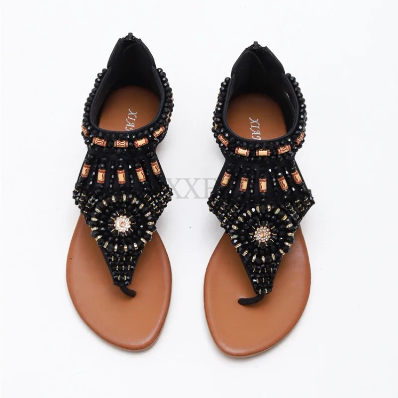 Women Clip on Sandals with Sloping Heels Rhinestones Roman Sandals with T-shaped Straps Handmade Beaded Versatile Shoes