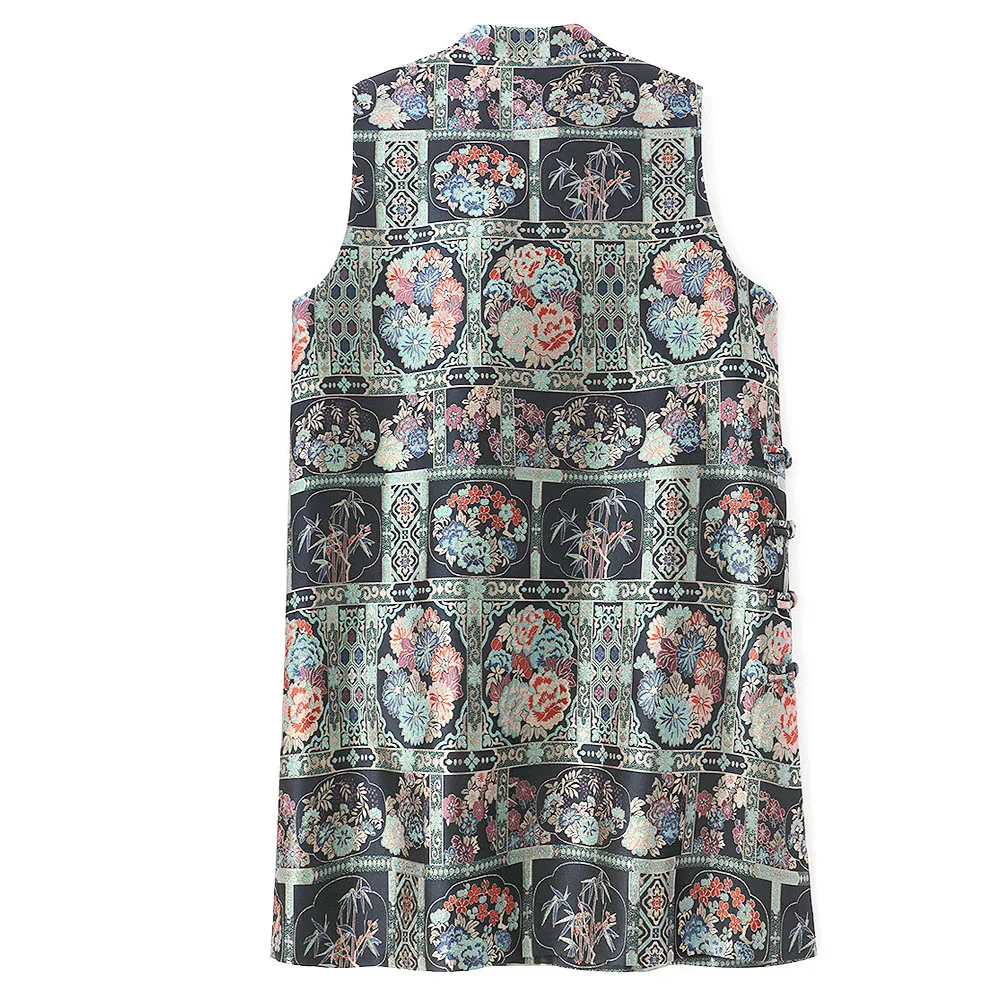 BirdTree-50MM Silk Song Brocade Elegant Vest, Stand Floral, Women Retro Design Sense Chic Loose Coat, 2026 Autumn New C69793CC