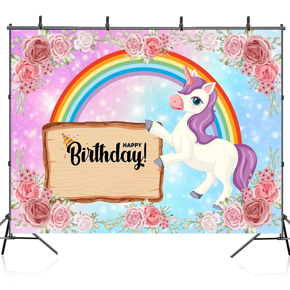 Cầu Vồng Kỳ Lân Banner Happy Birthday Trang Trí Phông Nền Sơ Sinh Gái Chụp Ảnh Em Bé Hình Nền Phòng Thu Photocall