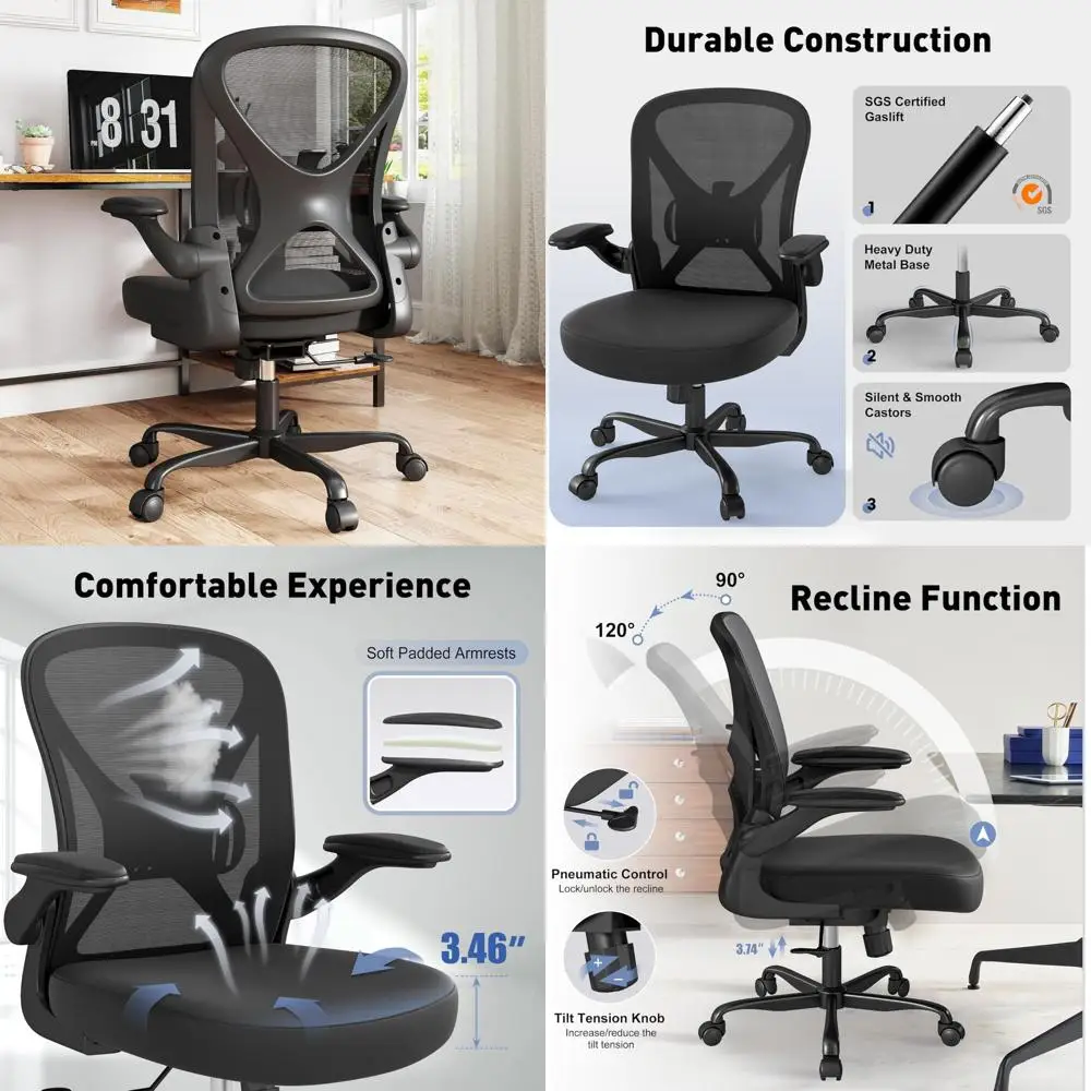 كرسي مكتب مريح قابل للتعديل لدعم قطني مع أذرع قابلة للطي، كرسي مكتب بعجلات للمكتب المنزلي، أسود #1