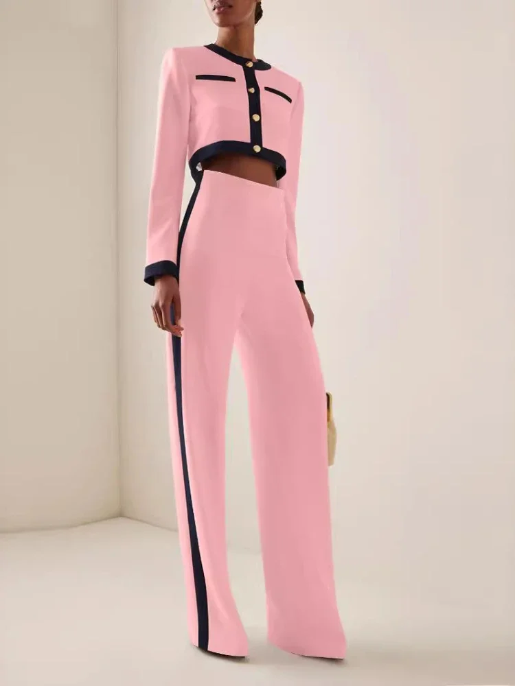 Fashion Two Piece Set Women Round Neck Long Sleeve Patchwork Singe Breasted Button Top Loose Wide Legs Pants Casual Sets Autumn