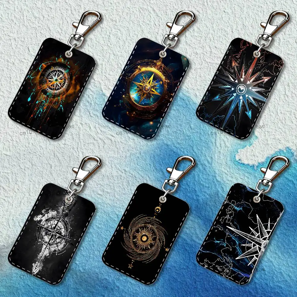 

Compass Rectangle Card Case Leather Card Holder Keychain Key Ring Transportation Card Case