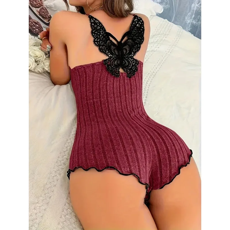 

Back Butterfly Embroidery Design Pajamas for Womens Onesies Summer Sleepwear Lace Splicing Bodysuit Loungerwear Sexy Pajama Sets