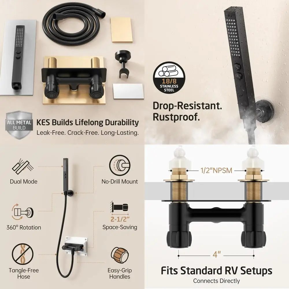 KES 全金属製RVシャワー蛇口、ホースと2機能シャワーヘッド付き、漏れなしキャンピングカー用シャワー蛇口交換、SUS304ハンドヘルドH