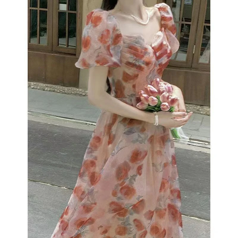 Summer New V-neck Puff Sleeve Maxi Dress Women Chic Floral Printing Youth Sweet Princess Dresses Vintage Elegant Lace Vestidos