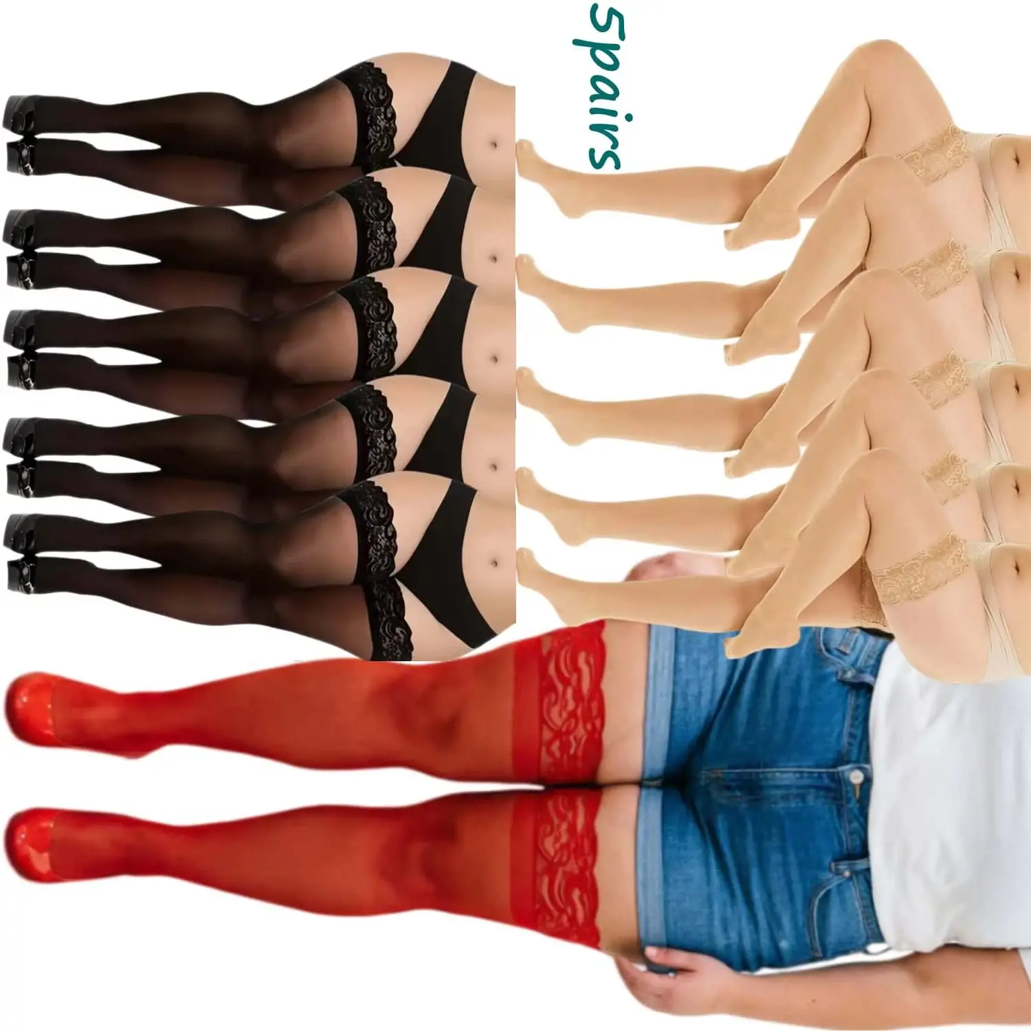 5pairs 1set Sexy Plus Size Lace Trim Thigh High Stockings Silicone Anti Slip Over Knee Socks for Curvy Women