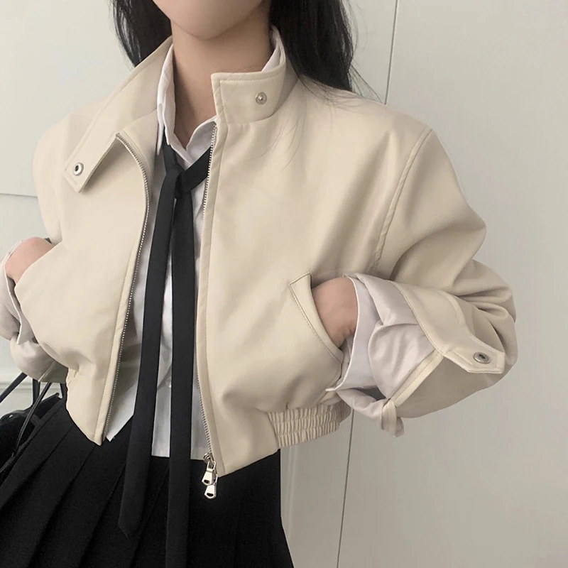 

Chic Autumn New Small Design Sense Stand Collar PU Leather Jaet Loose ort Sve Long Motorcycle Clothes Outerwear Women