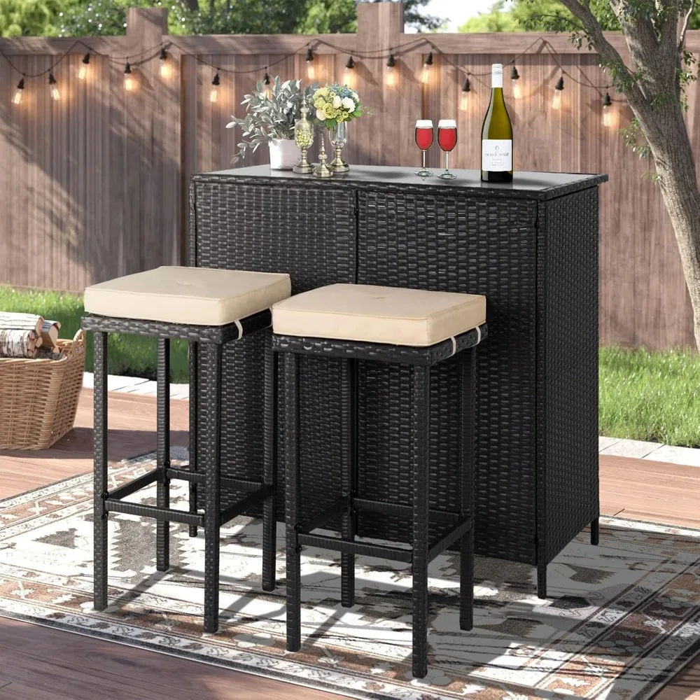 

Bar Set- Two Stools with Beige Cushions and One Table with a Glass Top, All-Weather Wicker Patio Set for Outdoor Living Spaces