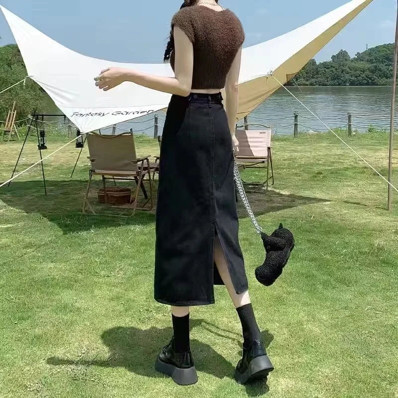 

High Waist Slit Denim Skirt Women's Midi Straight A-Line Skirt Spring 2023 New Sle Bodycon Skirts Korean Sle