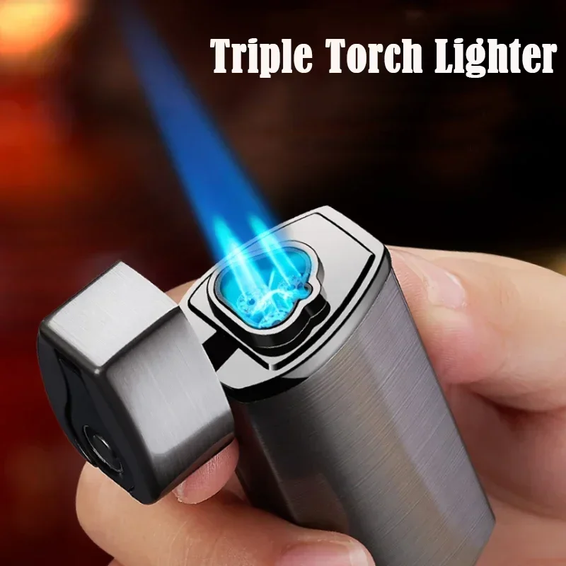 Touch Sensing Metal Outdoor Windproof Electric USB Lighter Turbo Three Torch Blue Flame Jet Cigar Tool Gas Lighter Men\'s Gift